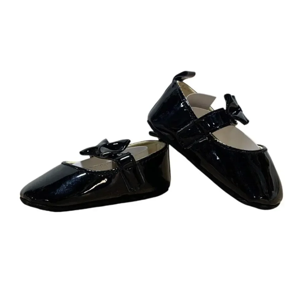 Newborn Baby Girls Size 1 Shiny Black Patent Leather Mary Jane Bow Infant Shoes